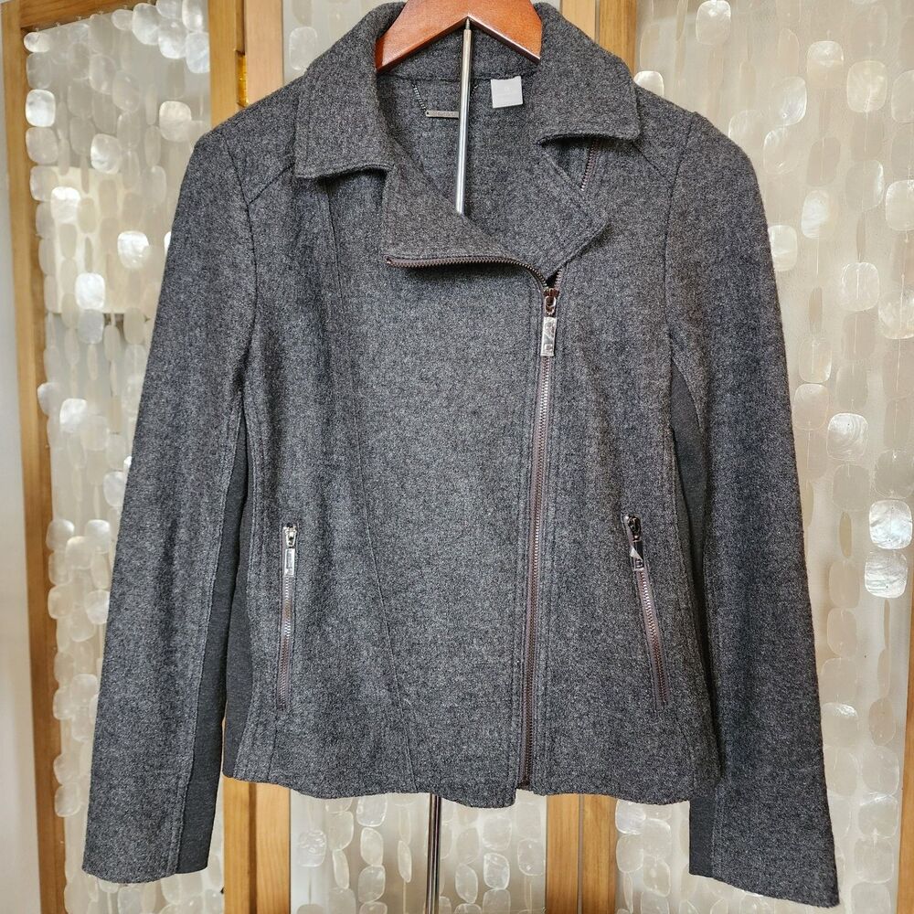 Chicos Moto Jacket Gray Wool Blend Zip Up Asymmetrical Knit Panel Womens 0 Or S